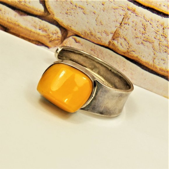BOLD AMBER 925 SILVER ASYMMETRICAL BRACELET, Egg Yolk Amber Stone, Rare to Find - Picture 6 of 10